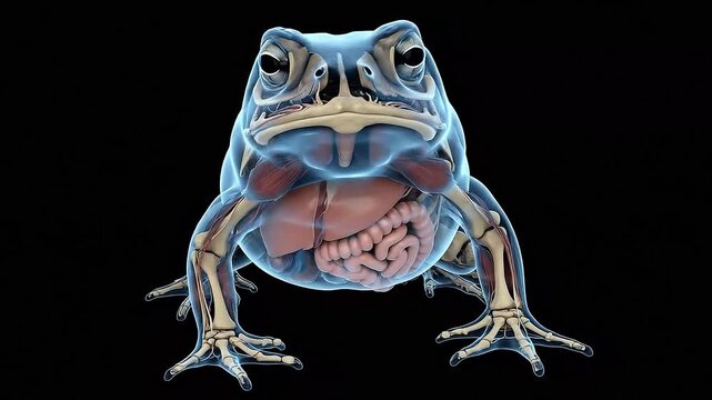 Anatomical Cross-Section of a Blue Frog Showing Internal Organs and Skeletal Structure