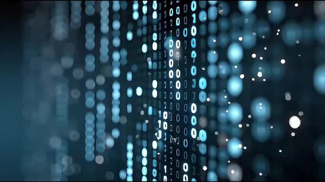 Binary Code Matrix Background with Blue and White Numbers.