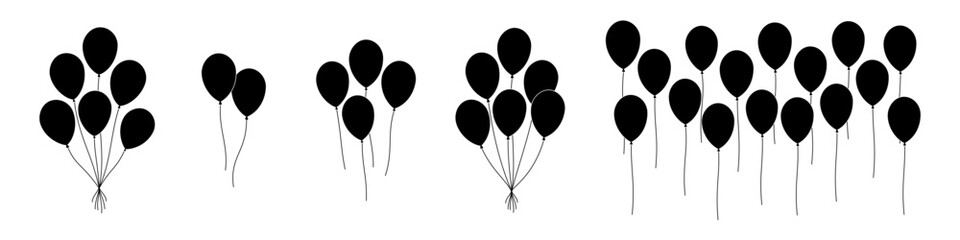 Grouped balloon silhouettes in festive arrangement. Simple black vector balloons for party and event design