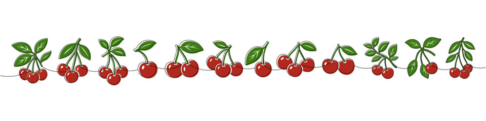 Cherry seamless border with red fruits and green leaves. Flat pattern design for healthy food, packaging, kitchen decoration and botanical themes