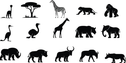 Fototapeta premium Black silhouette African wildlife illustration featuring giraffe, zebra, lion, elephant, rhinoceros, buffalo, antelope, gorilla, ostrich, acacia tree savanna nature design