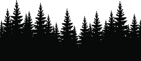 Black silhouette vector illustration of dense coniferous forest pine fir trees natural outdoor wilderness landscape background design artwork nature scenery © Arif Creatives