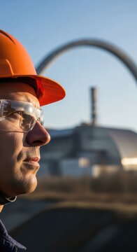 Caucasian male engineer in hard hat observing industrial site with nuclear power plant in background