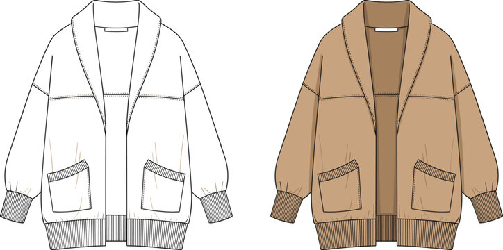 Technical fashion illustration of women&rsquo;s oversized cardigan jacket with shawl collar, patch pockets, ribbed cuffs and hem, casual outerwear design