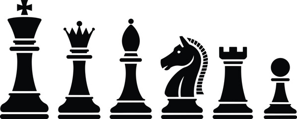 Silhouette chess pieces including king queen bishop knight rook pawn arranged in row strategy board game vector illustration isolated design © Arif Creatives