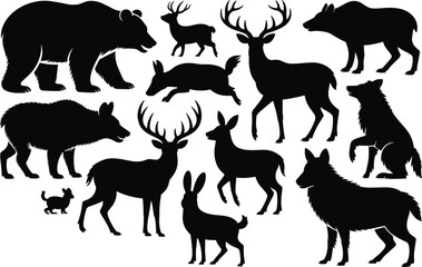 Obraz premium Silhouette collection of woodland animals including deer bears wolves rabbit boar wildlife forest mammals nature vector illustration for education design