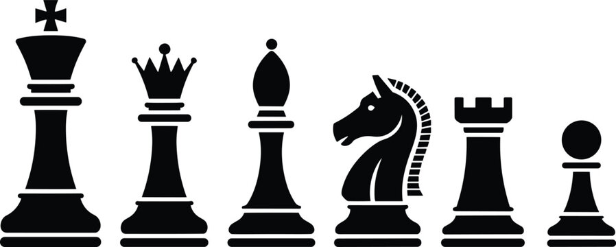 Silhouette chess pieces including king queen bishop knight rook pawn arranged in row strategy board game vector illustration isolated design