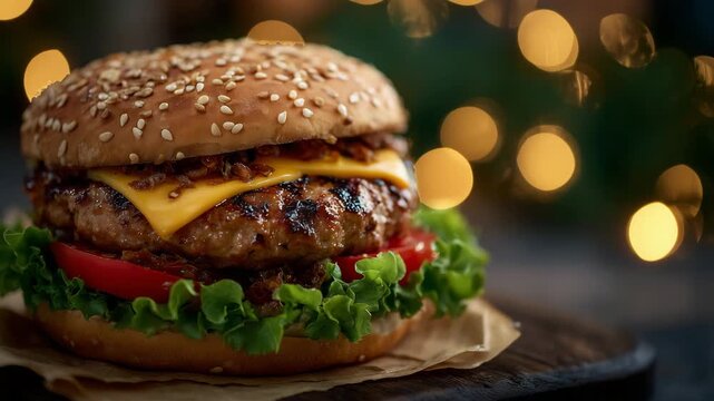 High-detail close-up of a fresh grilled burger, smoky char marks on the meat, layers of cheese, lettuce and tomato, soft background bokeh enhancing visual depth and indulgence