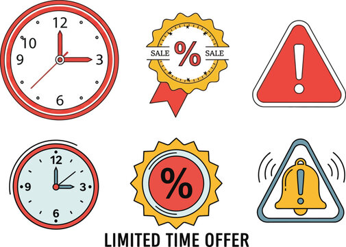Set of vibrant line art icons illustrating limited time offers, special promotions, and urgent discount alerts featuring clocks, sales badges, and notification symbols