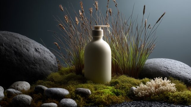 eco friendly white shampoo bottle on moss with rocks minimalist scene