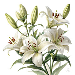 Obraz premium Elegant cluster of white lilies with delicate green foliage and buds