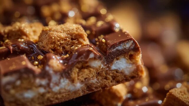 Macro shot showing cross-section of chocolate bar, crunchy cookie pieces inside, golden toasted textures, chocolate coating glossy and inviting, shallow focus emphasizing detail