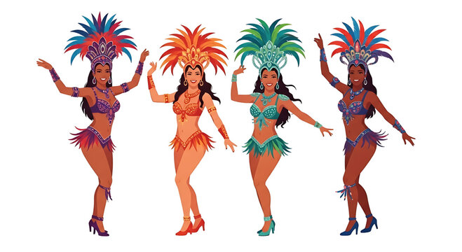 A group of beautiful Brazilian samba dancers dancing and smiling. Dancers wearing festive Brazilian carnival costumes. Cartoon style.