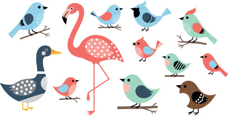 Cute bird illustration set with flamingo goose and colorful songbirds perched on branches in playful flat cartoon style for kids nature designs © MdNazmul