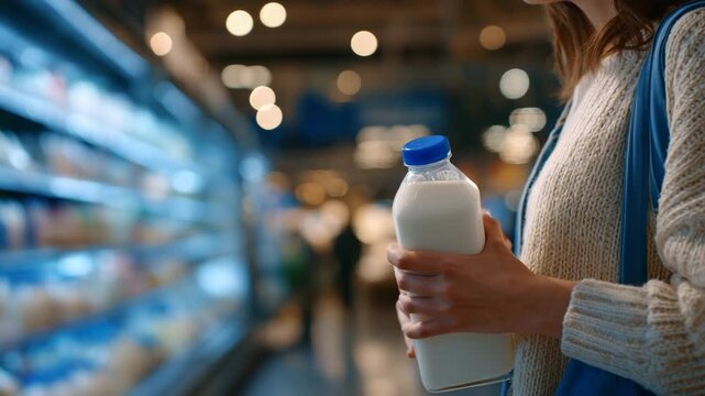 Medium-close view of female shopper holding milk carton, aisle of refrigerated dairy products visible, hypermarket lighting and reflective floors, natural shopping behavior capture