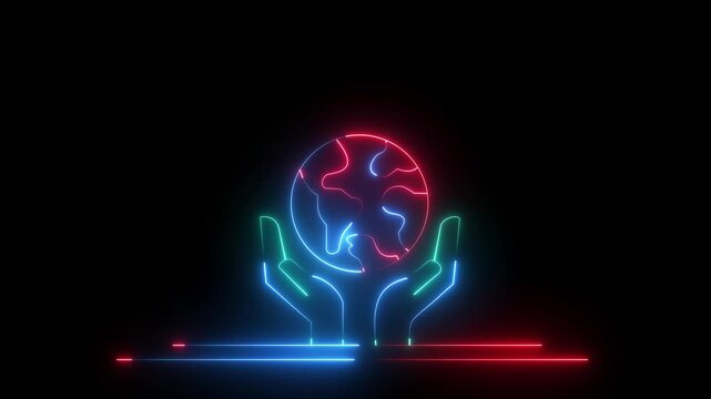 Glowing neon line Human hands holding Earth globe icon isolated animation .World humanitarian day. Animated vector illustration of hand and moving globe,and 4k animation,..