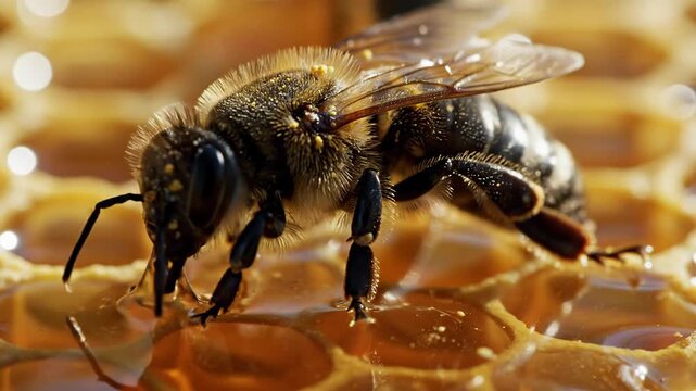 Close-up of a bee drinking honey from a honeycomb cell