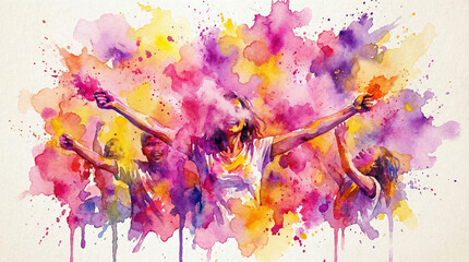 Obraz premium Vibrant Watercolor Painting of Happy People Celebrating Holi Festival