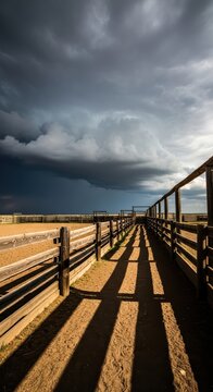 Dramatic storm clouds over empty ranch corral with wooden fence and shadowed pathway under moody sky