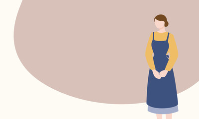 くすみカラーの背景とエプロン姿で立つ女性を描いた余白のある人物イラスト