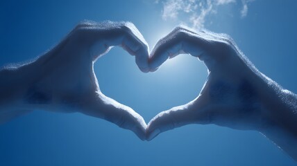 Fototapeta premium Hands forming heart shape silhouette against blue sky with clouds symbolizing love care and compassion