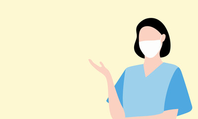 マスクを着けた医療従事者の女性を描いた余白のある人物イラスト