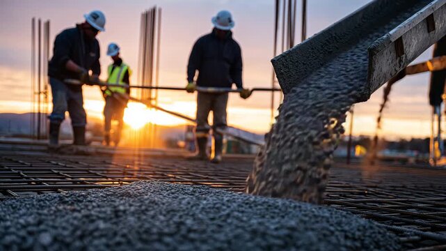 Side-angle shot of cement chute depositing concrete onto rebar, construction workers in silhouette, glowing sunset light casting long shadows across site, industrial building proce