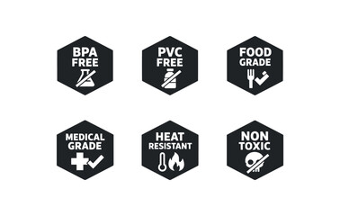 Fototapeta premium six separate flat vector hexagon badges each badge solid black hexagon with and simple white pictogram below evenly spaced texts/: BPA FREE flask slash icon PVC FREE bottle slash icon FOOD
