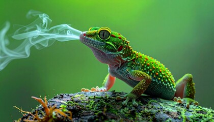 Obraz premium Vibrant gecko exhales smoke on mossy branch in nature.