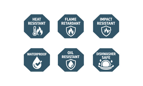 six separate flat vector octagon badges each badge solid deep slate octagon with and simple white pictogram below evenly spaced texts/: HEAT RESISTANT thermometer flame icon FLAME RETARDANT