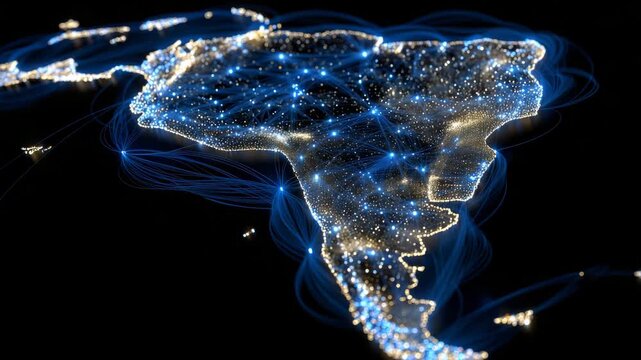 South America illustrated as a glowing digital network, flowing data streams and neon connection points, dark cyber background, modern business telecommunication and information ex