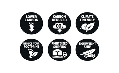 Obraz premium six separate flat vector badges each badge solid black circle with consistent style and size badge texts and : LOWER CARBON footprint down arrow icon CARBON REDUCED CO2 cloud down arrow