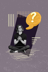 Vertical 3d image art pop trend collage of minded businessman hold phone think brainstorm decision...