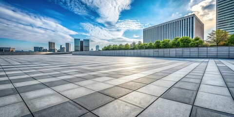 Fototapeta premium Empty urban plaza with modern cityscape backdrop under a partly cloudy sky
