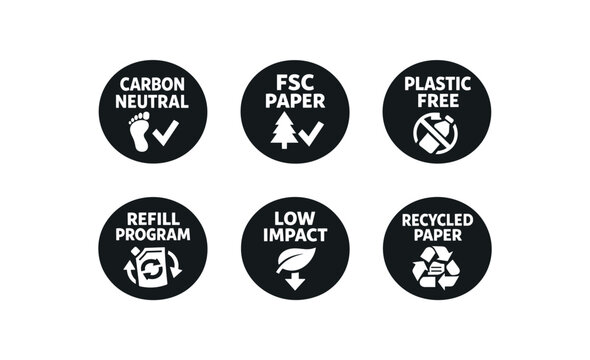 six separate flat vector badges each badge solid black circle with consistent style and size badge texts and : CARBON NEUTRAL footprint check icon FSC PAPER tree check icon PLASTIC FREE
