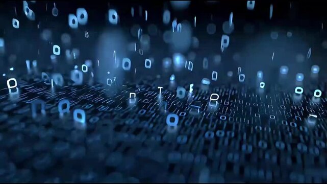 Blue binary code falling on a digital grid surface.