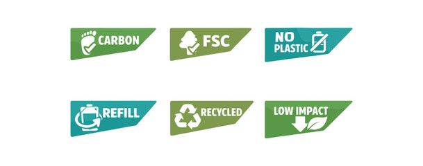 six separate flat vector corner callout stickers each badge triangle label eco accent colors (green olive teal) and simple white pictogram evenly spaced texts/: CARBON footprint check icon