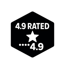 Flat vector hexagon badge solid black hexagon background 4.9 RATED simple white with 4.9