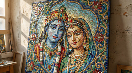 Artistic Mosaic Style Painting of Radha Krishna Adorned with Jewelry and Peacock Feathers

