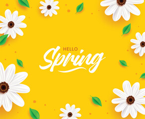 Hello Spring greeting banner featuring white daisies and green leaves arranged in a circular frame on a vibrant yellow background. © Grafiqwrk 2.0