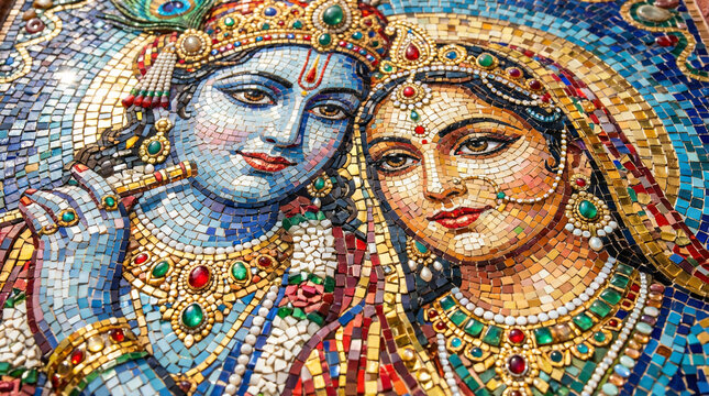 Intricate Colorful Mosaic Tile Art Portrait of Hindu Deities Radha and Krishna Close Up
