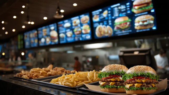 Wide close-up of fast food menu wall, illuminated boards displaying burgers, fries, and snacks, trays of food and ketchup visible below, clean modern interior with warm lighting