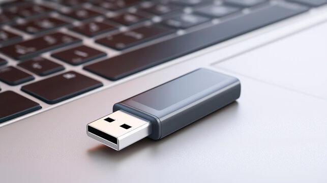 Grey metal usb flash drive lying on a silver laptop keyboard in a bright office environment with soft focus