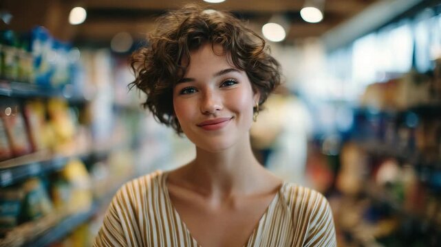 Wide-angle perspective of a supermarket aisle with a young woman standing thoughtfully, beige striped top and curly hair visible, shelves stacked with food items, aisle lines leadi