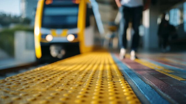 Wide-angle view of a railway platform, lone passenger behind the yellow line, approaching train blurred into the distance, shadows stretching along textured tiles, muted color pale