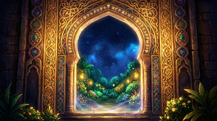 Obraz premium Happy Iftar Isometric Kitchen: Traditional Muslim Family Meal with Dates and Fruits