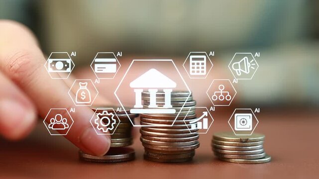 Coins stack with bank icons and technology symbols showing financial activities at a workspace during daytime.