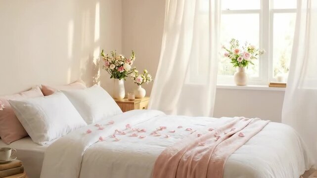 Cozy bedroom with bed decorated with rose petals and flowers, ethereal curtains, for valentines day or romantic surprise.