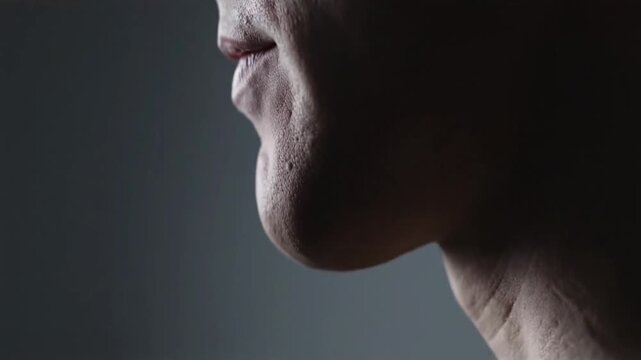 A close-up, side-profile video emphasizes a person's double chin and jawline area, focusing on submental fullness and the contours of the neck against a dark, dramatically lit background over an eigh