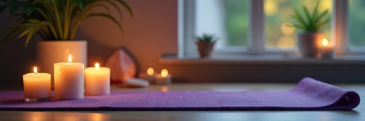 Serene workspace with candles, crystals, and a yoga mat, promoting calm and mindful productivity for a meditation business Ideal for marketing materials and website banners , mindfulness, harmony